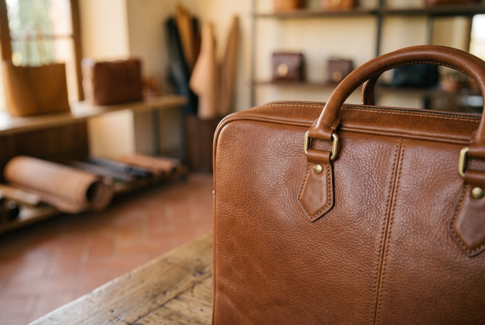 Dettaglio di una borsa in pelle color cognac con cuciture a vista