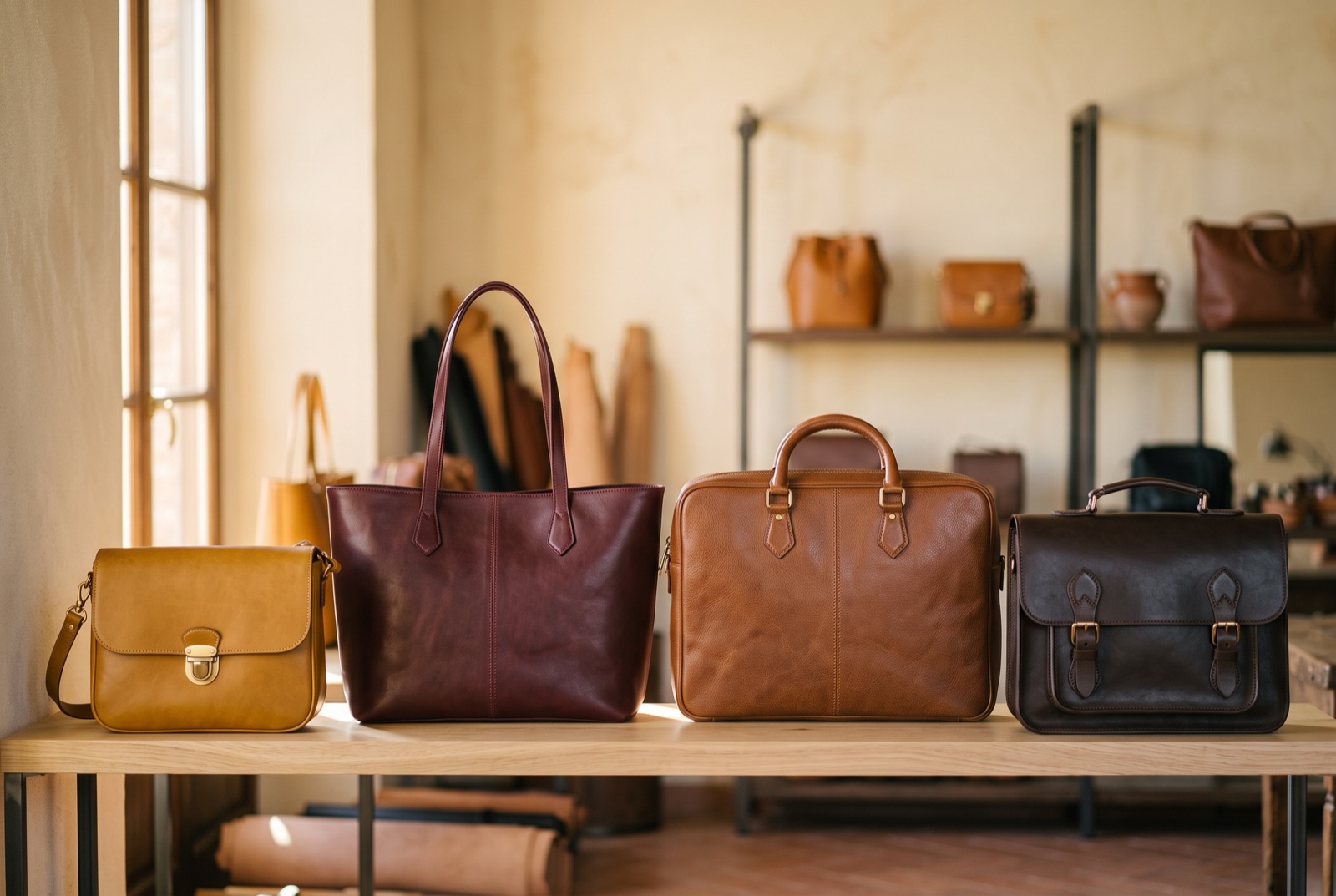 Collezione di borse in pelle color cognac, bordeaux e testa di moro